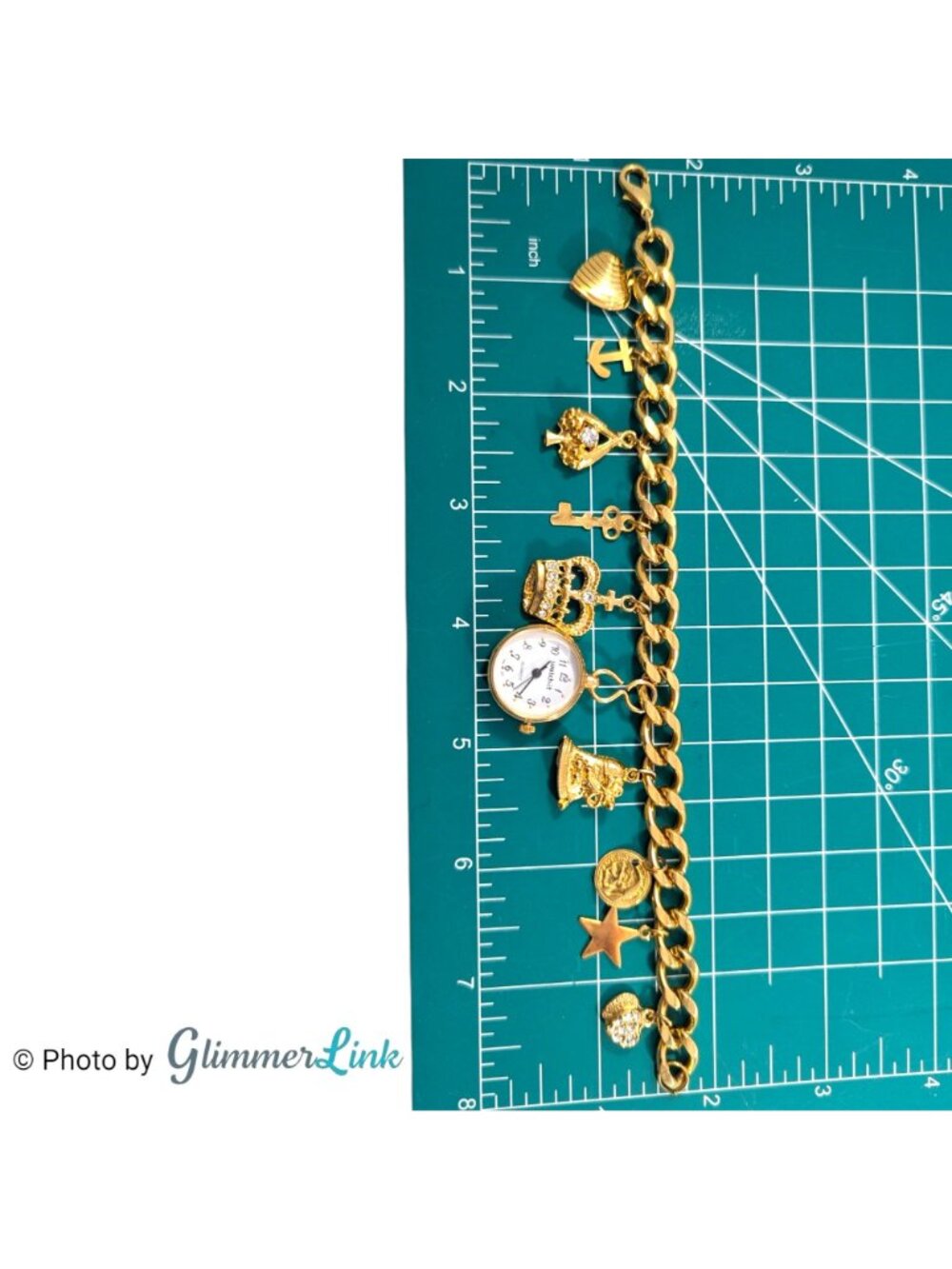 Vintage Watch-It Gold Tone Charm Bracelet Watch Rhinestone Crown Heart 7 1/2" - Picture 10 of 11